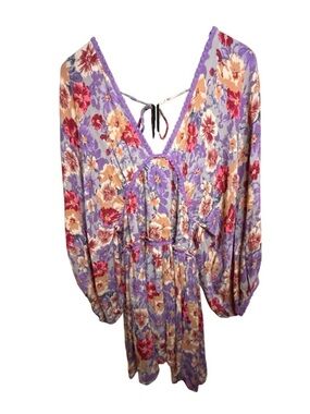 Free People Lavender Floral V-Neck Peasant Tunic